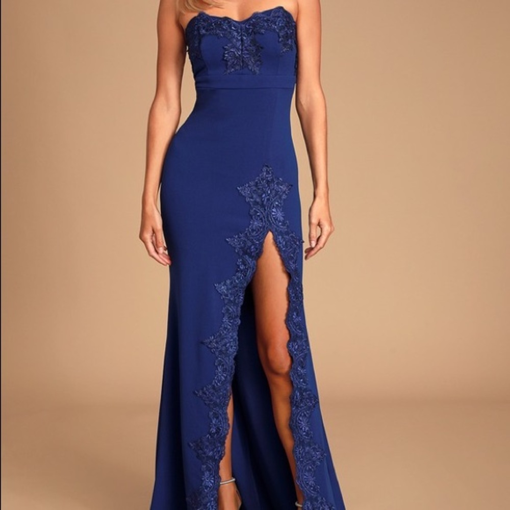 Lulu’s Royal Blue Embroidered Strapless Maxi Dress